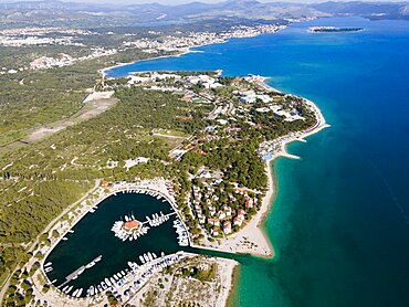 Drone shot, coast along marina Amadria Yacht Marines and Camping Solaris, Sibenik, Sibenik-Knin, Dalmatia, Croatia, Europe