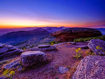 Sombrerillo limestone rock formations at dawn, El Torcal nature reserve, Torcal de Antequera, Malaga province, Andalucia, Spain, Europe