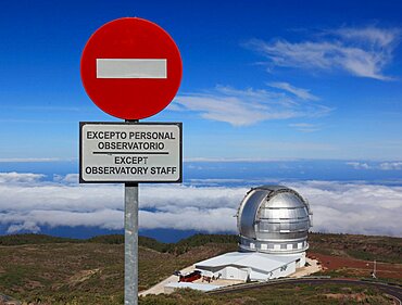 Roque de los Muchachos Observatory, La Palma Astrophysical Observatory, the Grand Telescopio Canarias (GTC) and sign, no passing, La Palma, Canary Island