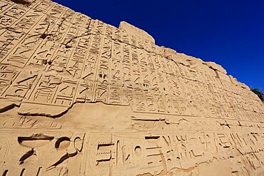 Luxor, Karnak Temple, wall with hieroglyphs, representations and symbols in the temple complex at Karnak, UNESCO World Heritage Site, Egypt, Africa