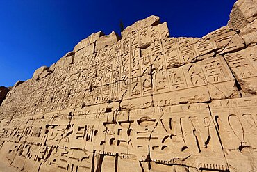 Luxor, Karnak Temple, wall with hieroglyphs, representations and symbols in the temple complex at Karnak, UNESCO World Heritage Site, Egypt, Africa