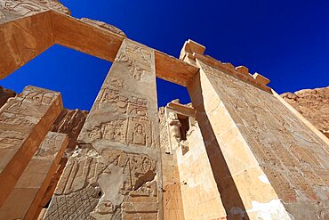 Part of the temple complex, pictorial representations, engravings on the walls, columns, mortuary temple of Hatshepsut, Hatshepsut Temple in Deir el-Bahari on the west bank of the Nile in Thebes, Upper Egypt, Egypt, Africa