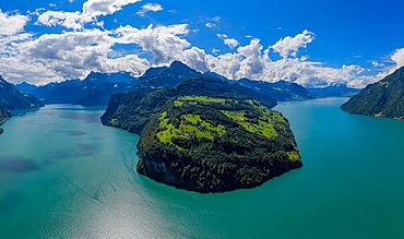 Aerial view of Lake Lucerne towards Seelisberg and the Swiss Alps, Canton Schwyz, Switzerland, Europe