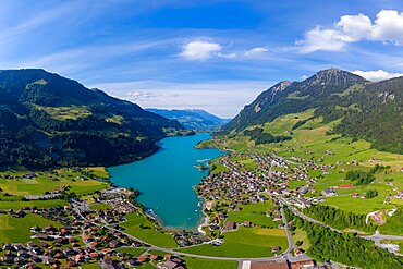 Aerial view of Lake Lunger with the village of Lungern in the canton of Obwalden, Switzerland, Europe