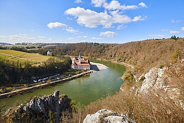 Danube Gorge near Weltenburg (Donaudurchbruch bei Weltenburg) and Weltenburg Abbey in early spring, Weltenburg Narrows, Bavaria, Germany, Europe