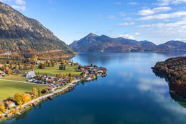 Aerial view, Walchensee mountains in autumn, Upper Bavaria, Bavaria, Germany, Europe