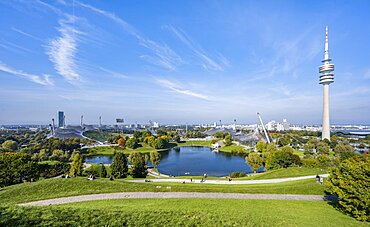 Olympic Area, park with olympic lake and television tower, Olympiaturm, Theatron, Olympiapark, Munich, Upper Bavaria, Bavaria, Germany, Europe