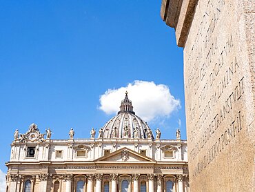 Inscription on an obelisk, behind dome of St. Peter's Basilica, Vatican, Rome, Lazio, Italy, Europe