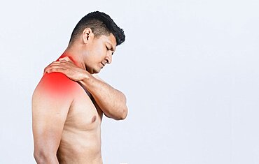 Shirtless person with neck muscle pain, Neck pain and stress concept, Close-up of a man with neck pain, a man with neck pain on an isolated background