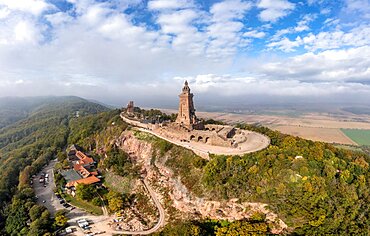 Drone photo, drone shot, panorama, Kyffhaeuser with Kaiser Wilhelm monument, Barbarossaden monument, fog, clouds, wide angle, Kyffhaeuserland, Thuringia, Germany, Europe