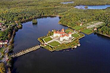 Drone shot, drone photo, access road over the castle pond to the hunting lodge, Baroque Moritzburg Castle with view of the woods and the garden, Saxony, Germany, Europe