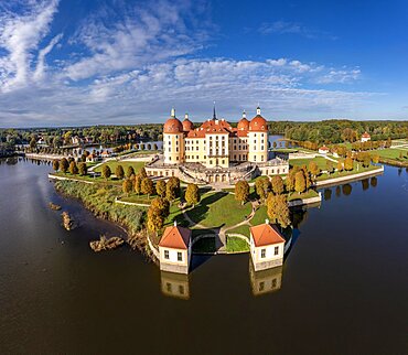 Wide angle, drone shot, drone photo, access road over the castle pond to the hunting lodge, baroque Moritzburg Castle with view of the woods and the garden, Saxony, Germany, Europe