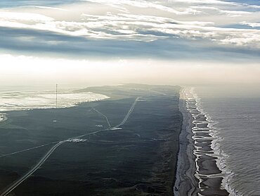 Coastline, dunes from Ratum to Hoernum, LORAN-C transmitter mast, haze, aerial view, Sylt, North Frisian Islands, North Sea, Schleswig-Holstein, Germany, Europe