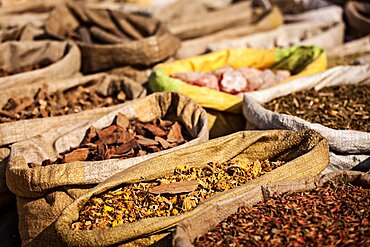 Travel India background, various spices in Indian bazaar market