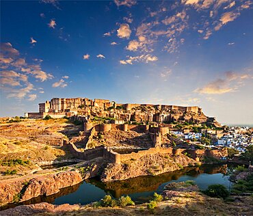 Mehrangarh Fort and Padamsar Talab and Ranisar Talab lakes on sunset, Jodhpur, Rajasthan, India, Asia