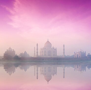 Taj Mahal on sunrise sunset reflection in Yamuna river panorama in fog, Indian Symbol, India travel background. Agra, Uttar Pradesh, India, Asia