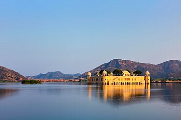 Rajasthan landmark, Jal Mahal (Water Palace) on Man Sagar Lake on sunset. Jaipur, Rajasthan, India, Asia