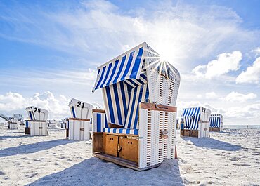 Beach chairs at the west beach, Sylt, North Frisian Island, North Sea, North Frisia, Schleswig-Holstein, Germany, Europe