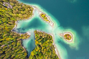 Aerial view, bird's eye view, Eibsee lake with shore and in the forest from above, near Grainau, Upper Bavaria, Bavaria, Germany, Europe