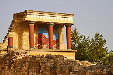 Morning light, blue cloudless sky, corridor north entrance, north pillar hall, customs building, round red columns, bull fresco, palace of Knossos, Heraklion, central Crete, island of Crete, Greece, Europe