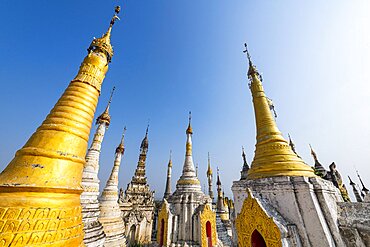 Tomb pagodas at the Shwe Inn Dein pagoda, Inn Thein, Inle lake, Shan state, Myanmar, Asia