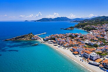 Aerial view, Village view with pebble beach and harbour, Kokkari, Samos, Greece, Europe