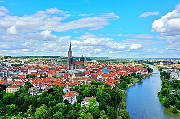 Aerial view of Ulm on the Danube with Ulm Cathedral in fine weather. Ulm, Tuebingen, Baden-Wuerttembergs, Germany, Europe