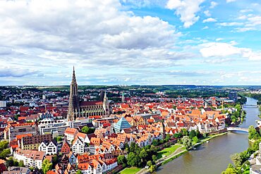 Aerial view of Ulm on the Danube with Ulm Cathedral in fine weather. Ulm, Tuebingen, Baden-Wuerttembergs, Germany, Europe