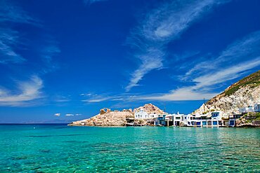 Greek village scenic picturesque view in Greece, the beach and fishing village of Firapotamos in Milos island, Greece, Europe