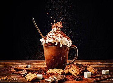 Food photography, cup with cocoa, cocoa powder, foam