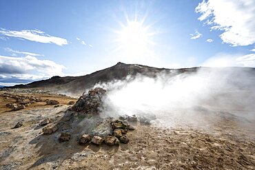 Steaming fumarole, solfatar in the geothermal area Hveraroend, also Hverir or Namaskard, Sun Star, North Iceland, Iceland, Europe