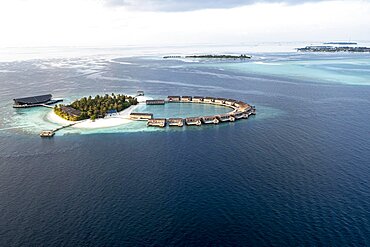 Aerial view, Kudadoo Island resort with beaches and water bungalows, Lhaviyani Atoll, Maldives, Indian Ocean, Asia