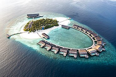 Aerial view, Kudadoo Island resort with beaches and water bungalows, Lhaviyani Atoll, Maldives, Indian Ocean, Asia