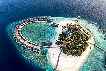 Aerial view, Kudadoo Island resort with beaches and water bungalows, Lhaviyani Atoll, Maldives, Indian Ocean, Asia