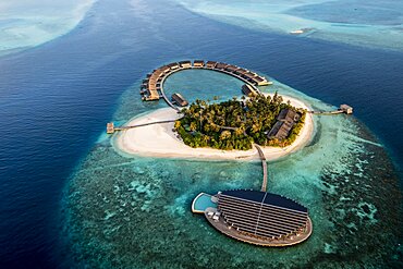 Aerial view, Kudadoo Island resort with beaches and water bungalows, Lhaviyani Atoll, Maldives, Indian Ocean, Asia