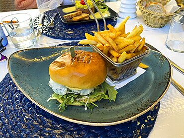 Steak Burger, Cheese, Salad and Fries, Mallorca, Spain, Europe