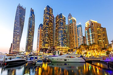 Dubai Marina Yacht Harbour Skyline Architecture Vacation by Night Panorama in Dubai, United Arab Emirates, Asia