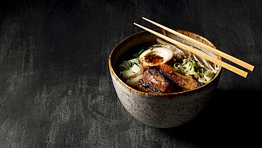 High angle delicious ramen bowl