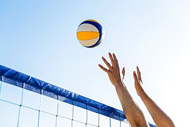 Side view man s hands preparing hit incoming volleyball net, Resolution and high quality beautiful photo