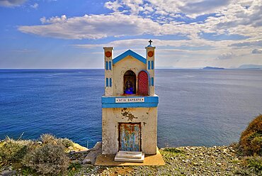 HDR, miniature church on roadside, frontal, blue-white, Agia Barbara, Saint Barbara, blue sky, grey-white clouds, east coast of Rodopou peninsula, west Crete, island of Crete, Greece, Europe