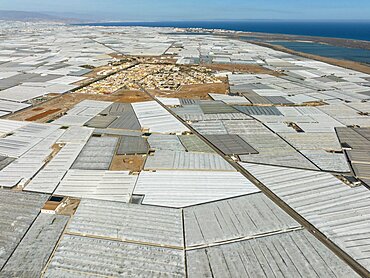 The town of San Agustin amidst masses of shimmering plastic greenhouses, on the right the shallow lagoon Salinas de Cerrillos, aerial view, drone shot, Almeria province, Andalusia, Spain, Europe