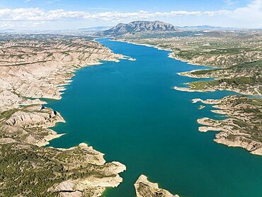 The Negratin reservoir, aerial view, drone shot, Granada province, Andalusia, Spain, Europe