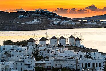 The Windmills (Kato Milli) at sunset, Horta, Mykonos, Greece, Europe