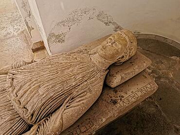 Grave of Geva, woman of the founder of the monastery, grave slab from the year 1200, St. Bonifatius, a former free-world ladies' monastery with a collegiate church in Freckenhorst, Warendorf district, North Rhine-Westphalia, Germany, Europe