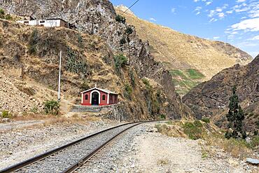 Small chapel next to railway tracks, San Mateo, Rimac Valley, Andes, Peru, South America