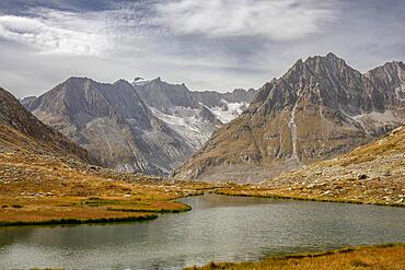 Maerjelensee with Aletsch area, Alpine panorama, Fiescheralp, Valais, Switzerland, Europe