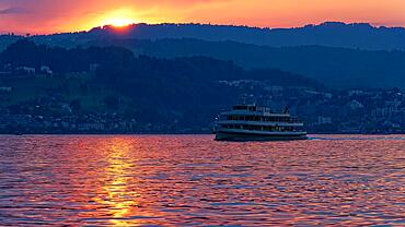 Course ship in the sunset, Lake Zurich, Switzerland, Europe