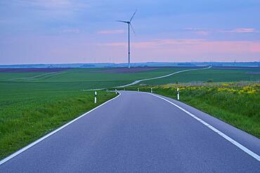 Landscape, Road, Curvy, Wind turbine, Twilight, Spring, Lower Franconia, Bavaria, Germany, Europe