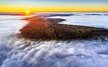 Drone view of sunrise with clouds over valley Remstal in autumn, region Swabian Forest, Baden-Wuerttemberg, Germany, Europe