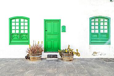 Picturesque white and green settlement called Pueblo Marinero designed by Cesar Manrique located in Costa Teguise, Lanzarote, Canary Island, Spain, Europe